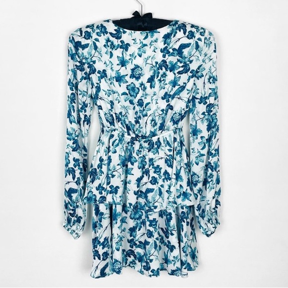 Majorelle Blue Floral Print Balloon Sleeve Plunge Tie Waist Ruffle Mini Dress - Picture 8 of 14